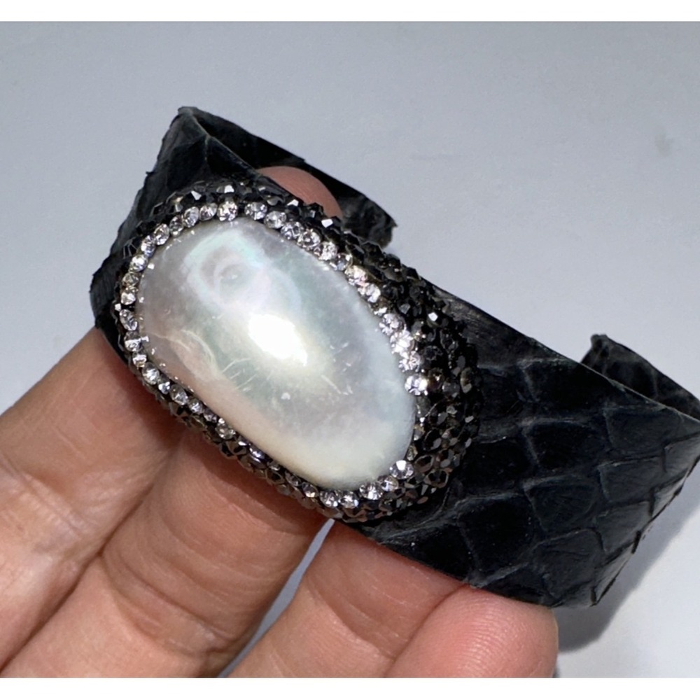Cuff Bracelet Pearl Shell Black Snakeskin Glitter Stones Halo Handmade - Picture 2 of 11